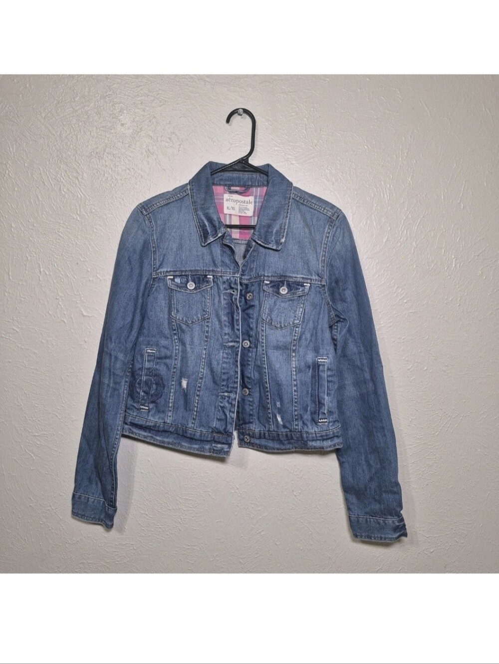 AEROPOSTALE Denim Blue Jacket Pink Plaid Size XL Vintage Classic